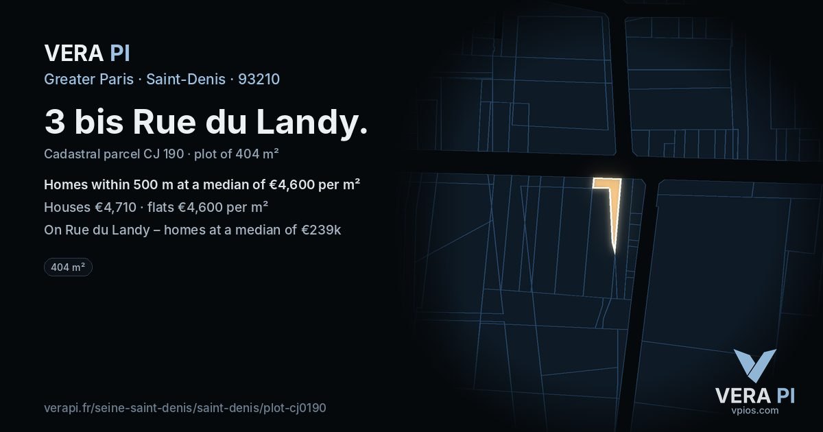 3 bis Rue du Landy, Saint-Denis at night – the plot lit, the parcels around coloured by the prices near them