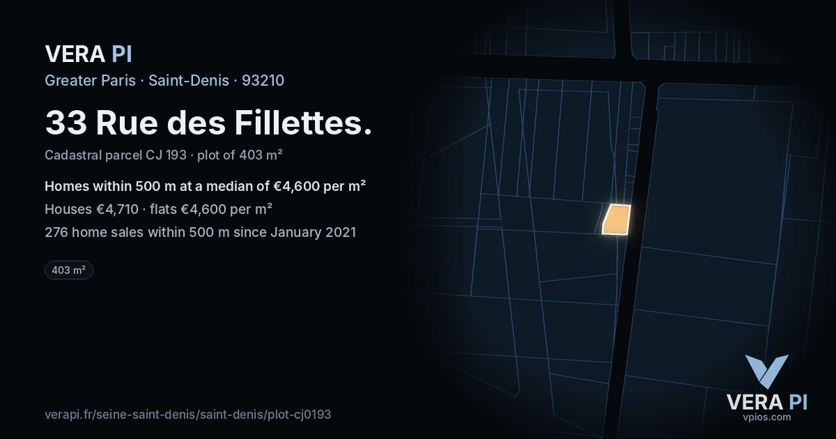 33 Rue des Fillettes, Saint-Denis at night – the plot lit, the parcels around coloured by the prices near them
