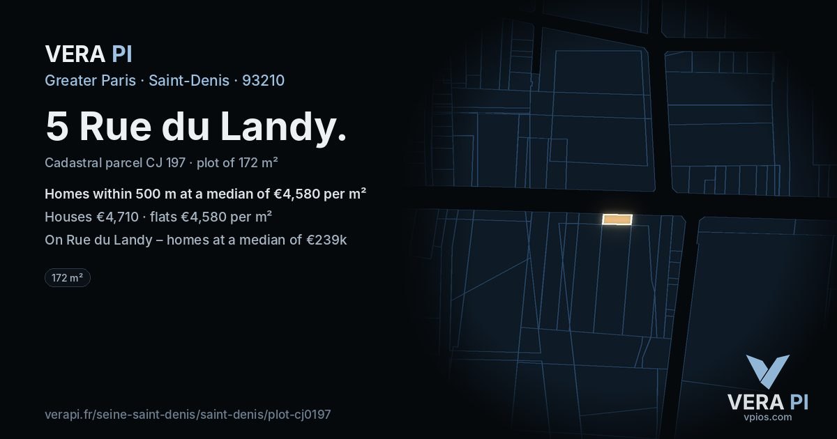 5 Rue du Landy, Saint-Denis at night – the plot lit, the parcels around coloured by the prices near them