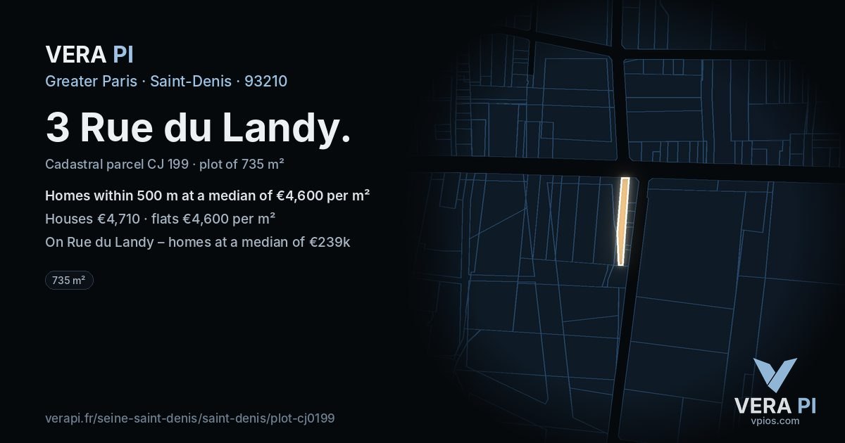 3 Rue du Landy, Saint-Denis at night – the plot lit, the parcels around coloured by the prices near them