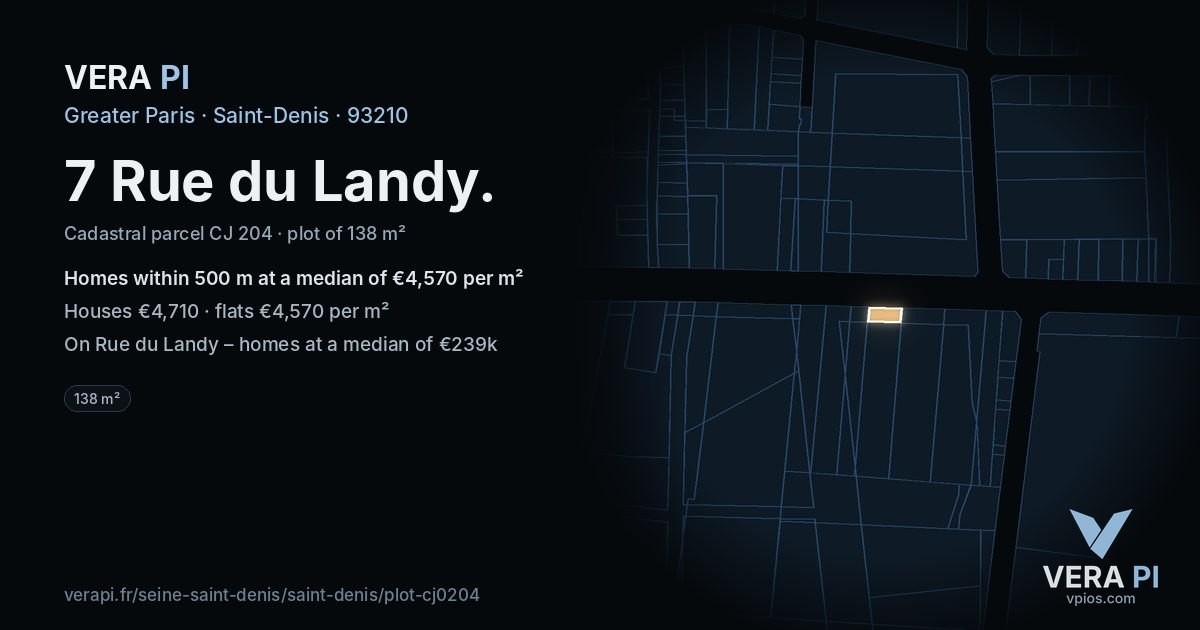 7 Rue du Landy, Saint-Denis at night – the plot lit, the parcels around coloured by the prices near them
