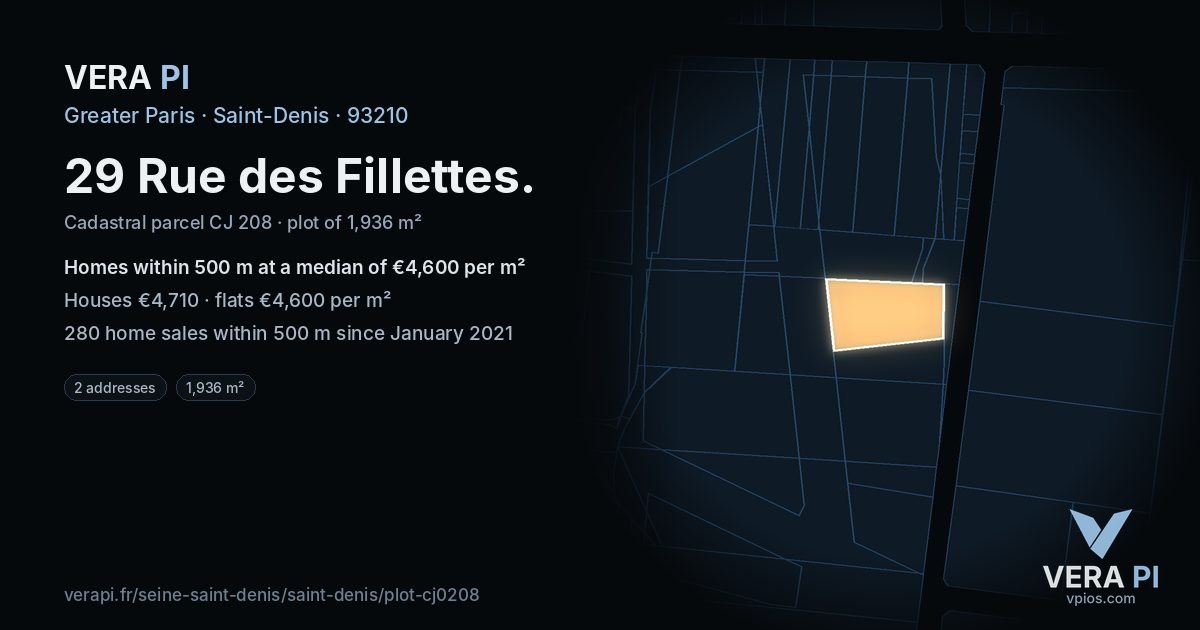 29 Rue des Fillettes, Saint-Denis at night – the plot lit, the parcels around coloured by the prices near them