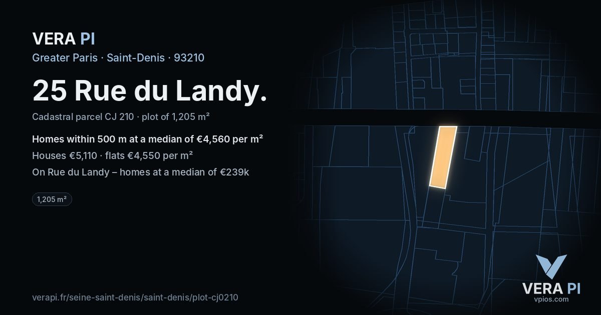 25 Rue du Landy, Saint-Denis at night – the plot lit, the parcels around coloured by the prices near them