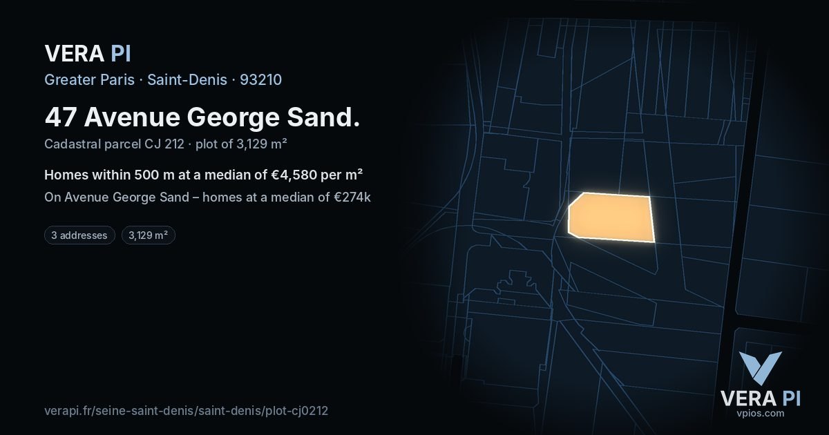 47 Avenue George Sand, Saint-Denis at night – the plot lit, the parcels around coloured by the prices near them