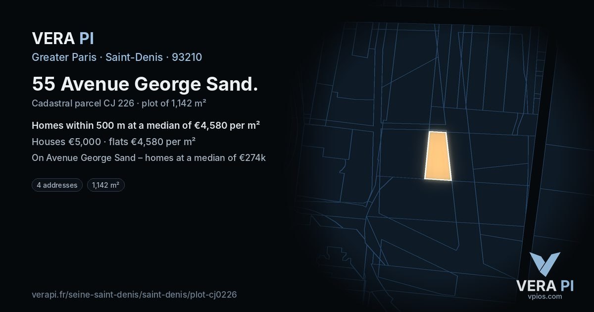 55 Avenue George Sand, Saint-Denis at night – the plot lit, the parcels around coloured by the prices near them