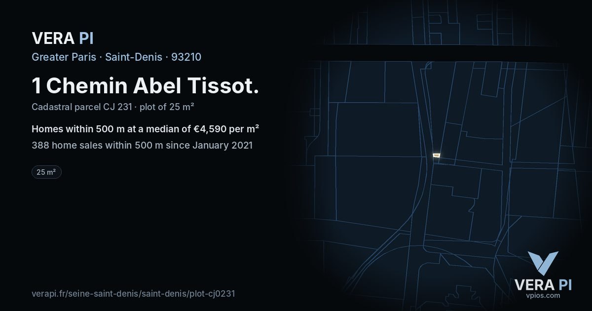 1 Chemin Abel Tissot, Saint-Denis at night – the plot lit, the parcels around coloured by the prices near them