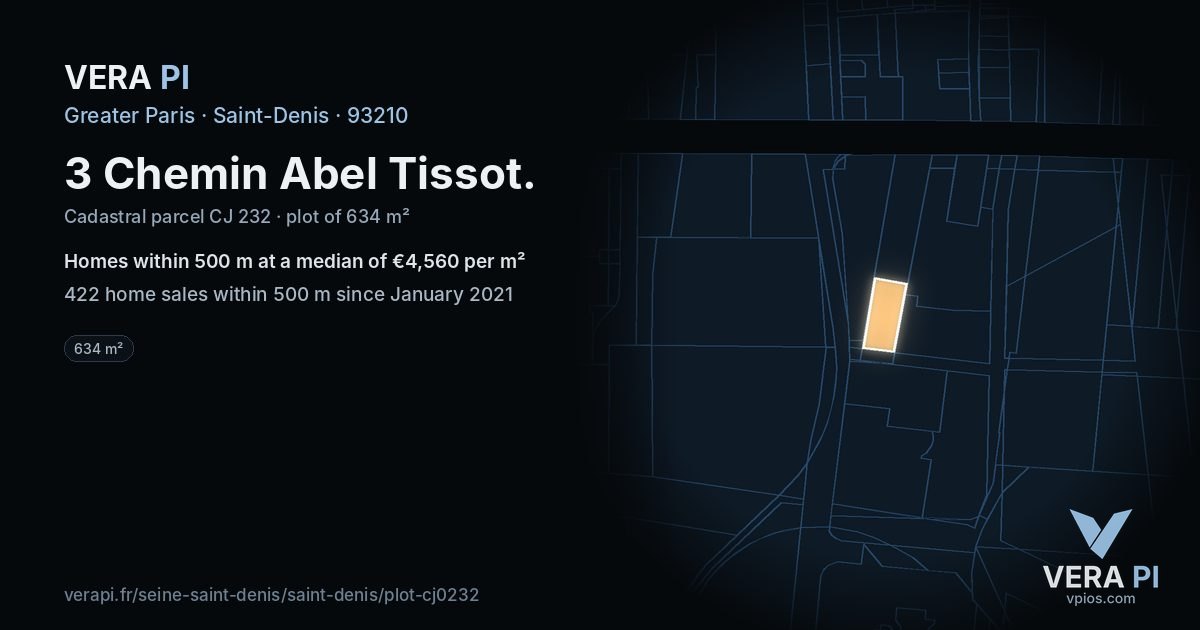 3 Chemin Abel Tissot, Saint-Denis at night – the plot lit, the parcels around coloured by the prices near them