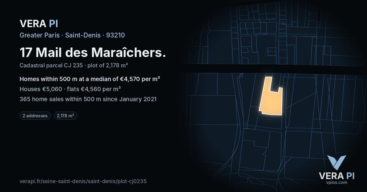 17 Mail des Maraîchers, Saint-Denis at night – the plot lit, the parcels around coloured by the prices near them