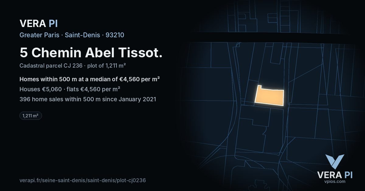 5 Chemin Abel Tissot, Saint-Denis at night – the plot lit, the parcels around coloured by the prices near them