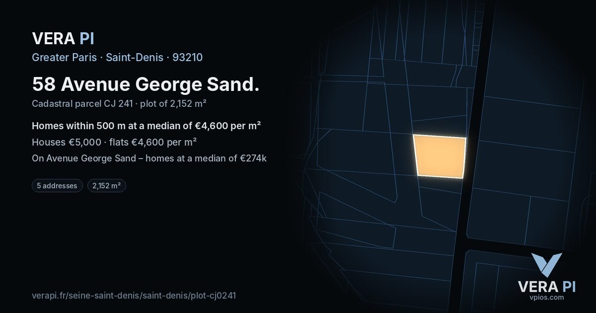 58 Avenue George Sand, Saint-Denis at night – the plot lit, the parcels around coloured by the prices near them