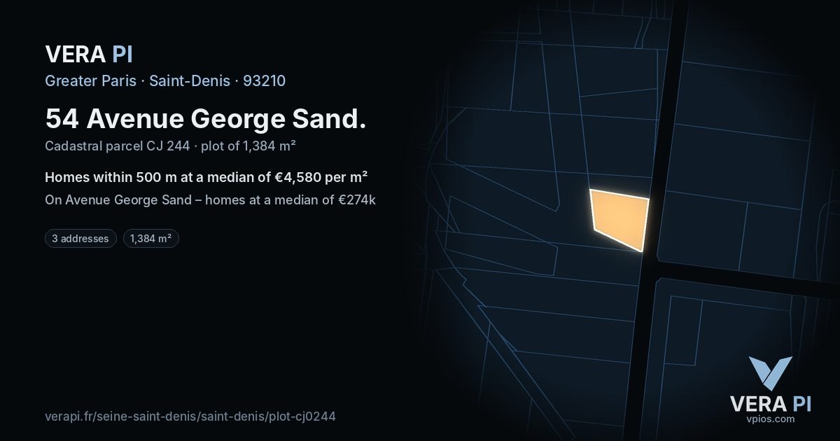 54 Avenue George Sand, Saint-Denis at night – the plot lit, the parcels around coloured by the prices near them