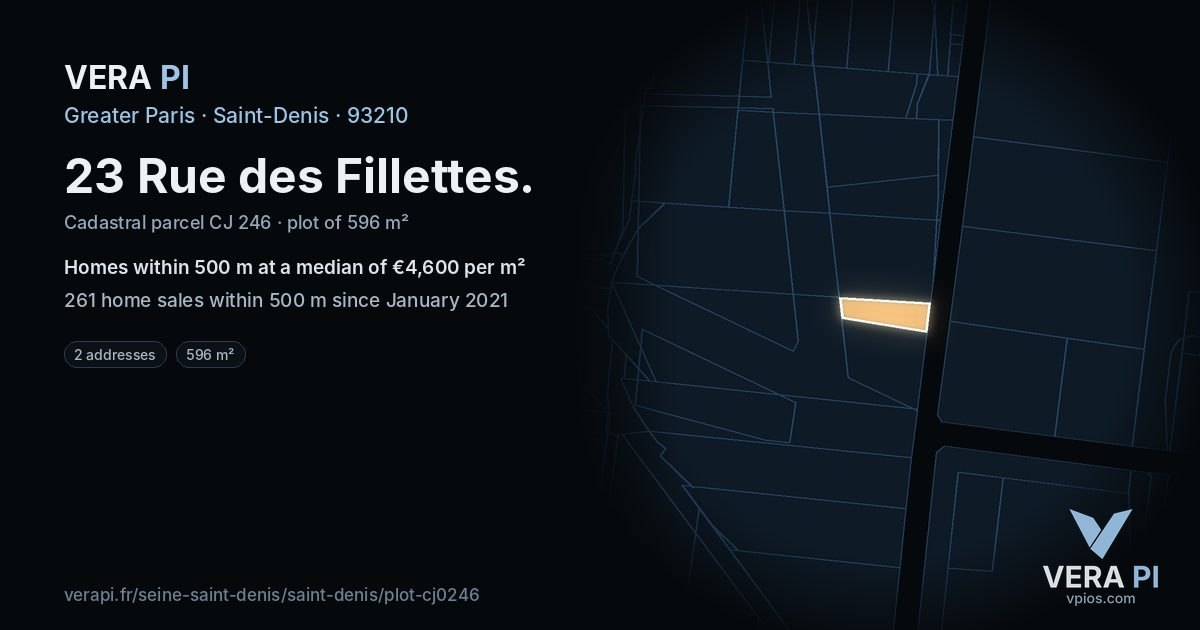 23 Rue des Fillettes, Saint-Denis at night – the plot lit, the parcels around coloured by the prices near them