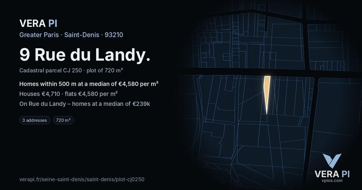 9 Rue du Landy, Saint-Denis at night – the plot lit, the parcels around coloured by the prices near them