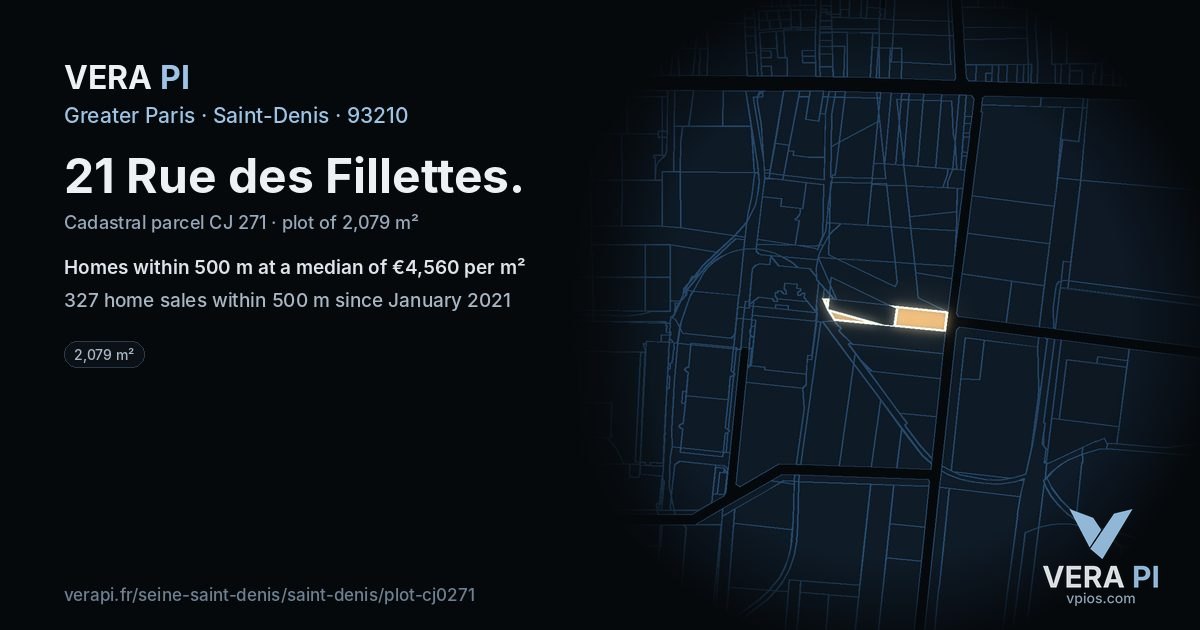 21 Rue des Fillettes, Saint-Denis at night – the plot lit, the parcels around coloured by the prices near them