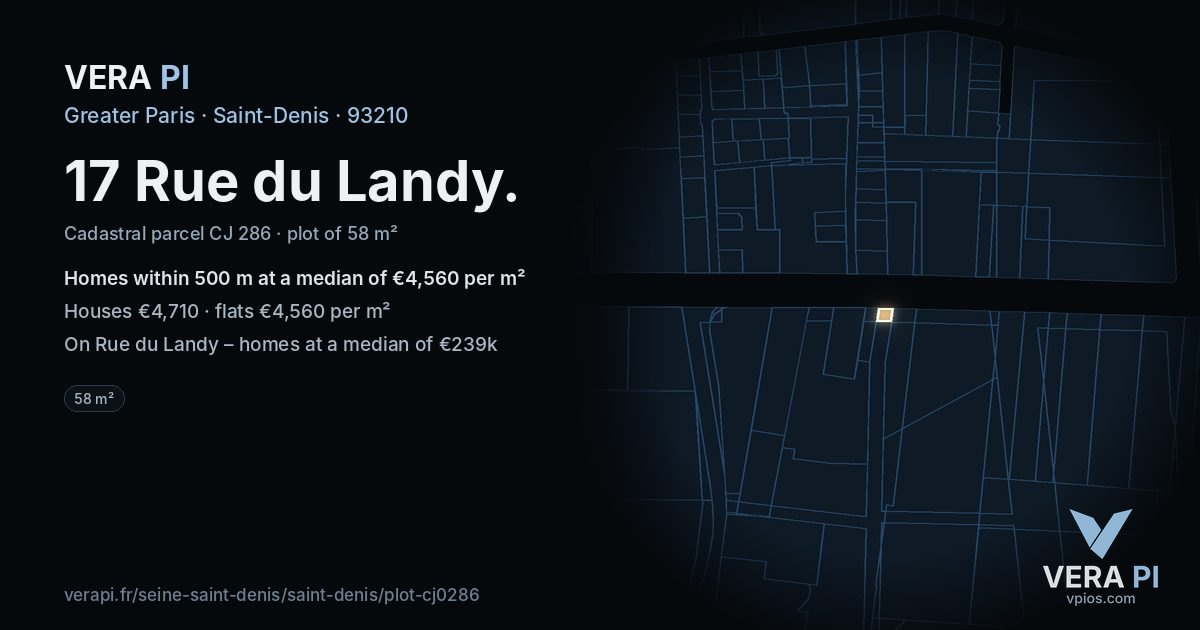 17 Rue du Landy, Saint-Denis at night – the plot lit, the parcels around coloured by the prices near them