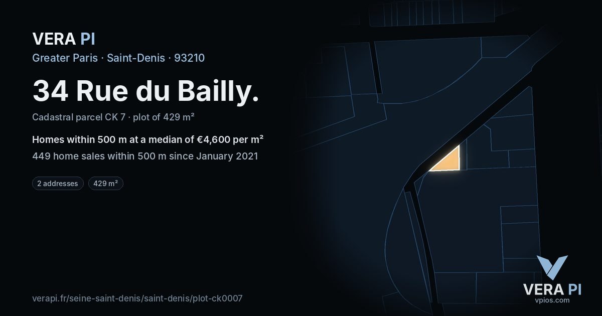 34 Rue du Bailly, Saint-Denis at night – the plot lit, the parcels around coloured by the prices near them