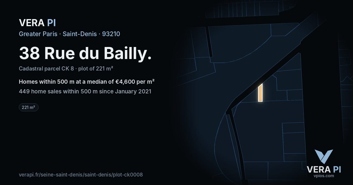 38 Rue du Bailly, Saint-Denis at night – the plot lit, the parcels around coloured by the prices near them