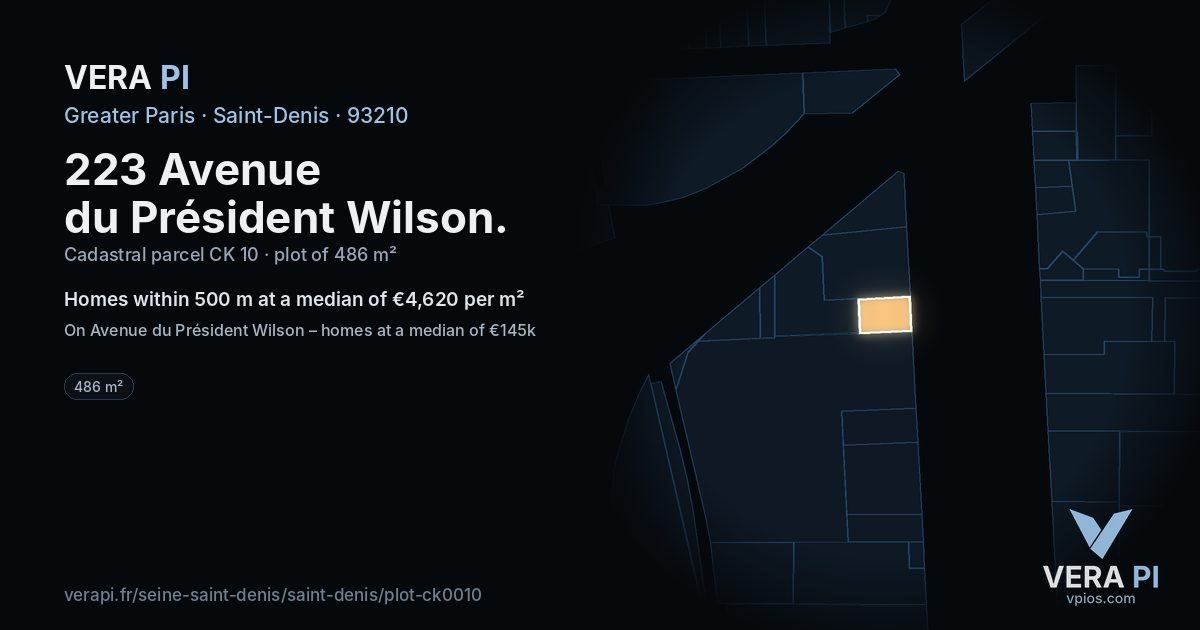 223 Avenue du Président Wilson, Saint-Denis at night – the plot lit, the parcels around coloured by the prices near them