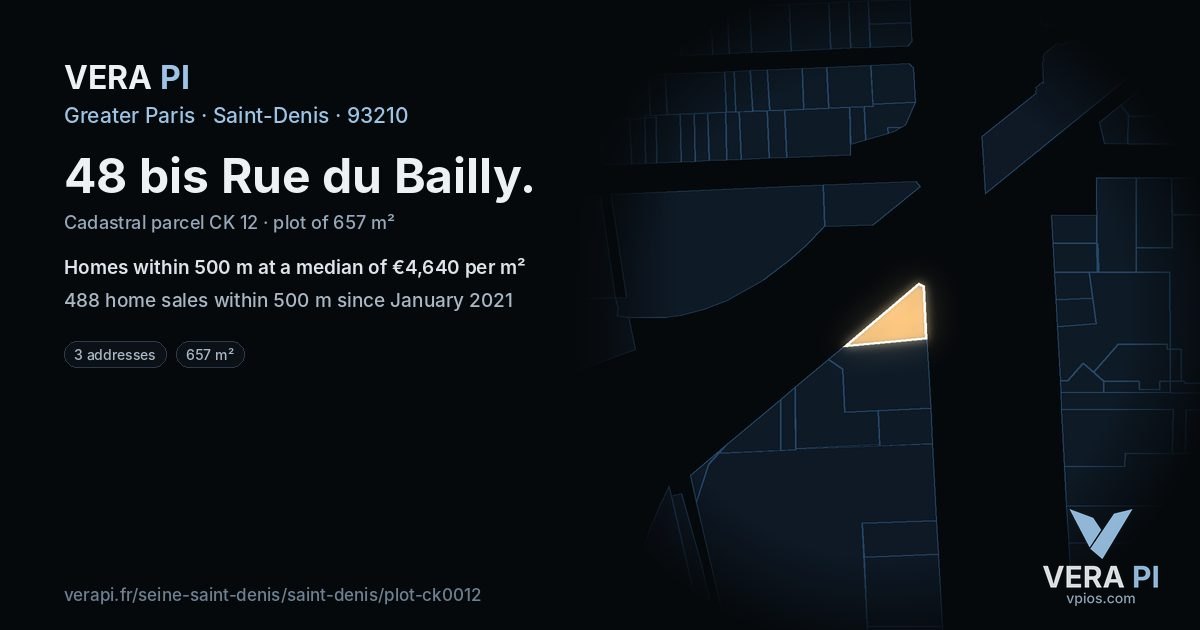 48 bis Rue du Bailly, Saint-Denis at night – the plot lit, the parcels around coloured by the prices near them