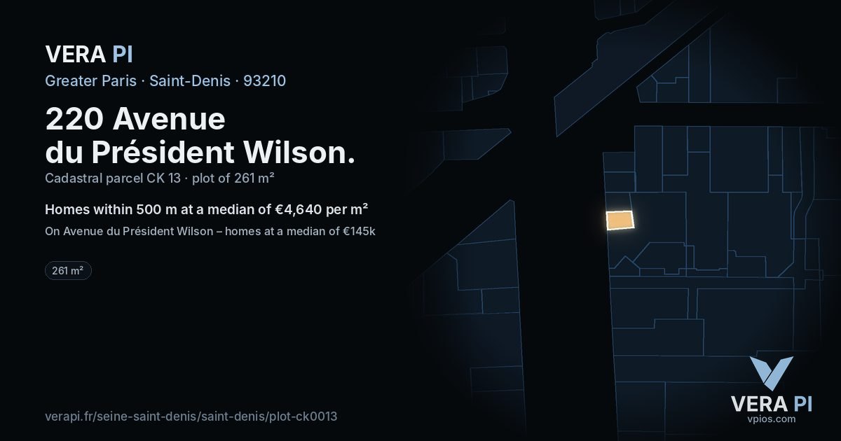 220 Avenue du Président Wilson, Saint-Denis at night – the plot lit, the parcels around coloured by the prices near them