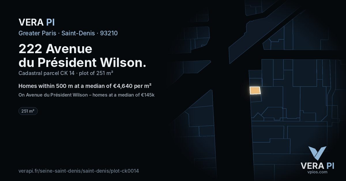 222 Avenue du Président Wilson, Saint-Denis at night – the plot lit, the parcels around coloured by the prices near them