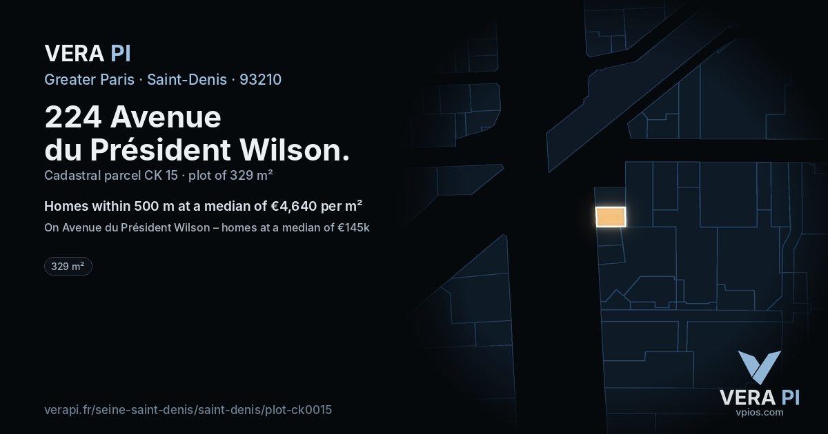 224 Avenue du Président Wilson, Saint-Denis at night – the plot lit, the parcels around coloured by the prices near them