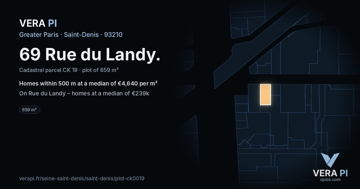 69 Rue du Landy, Saint-Denis at night – the plot lit, the parcels around coloured by the prices near them