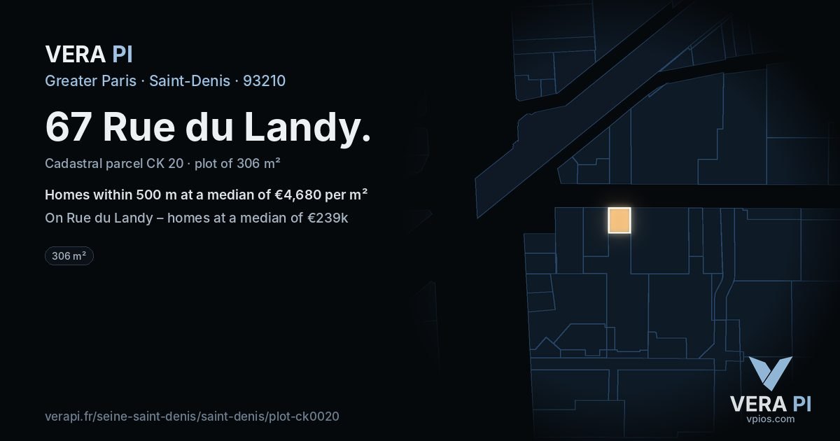 67 Rue du Landy, Saint-Denis at night – the plot lit, the parcels around coloured by the prices near them