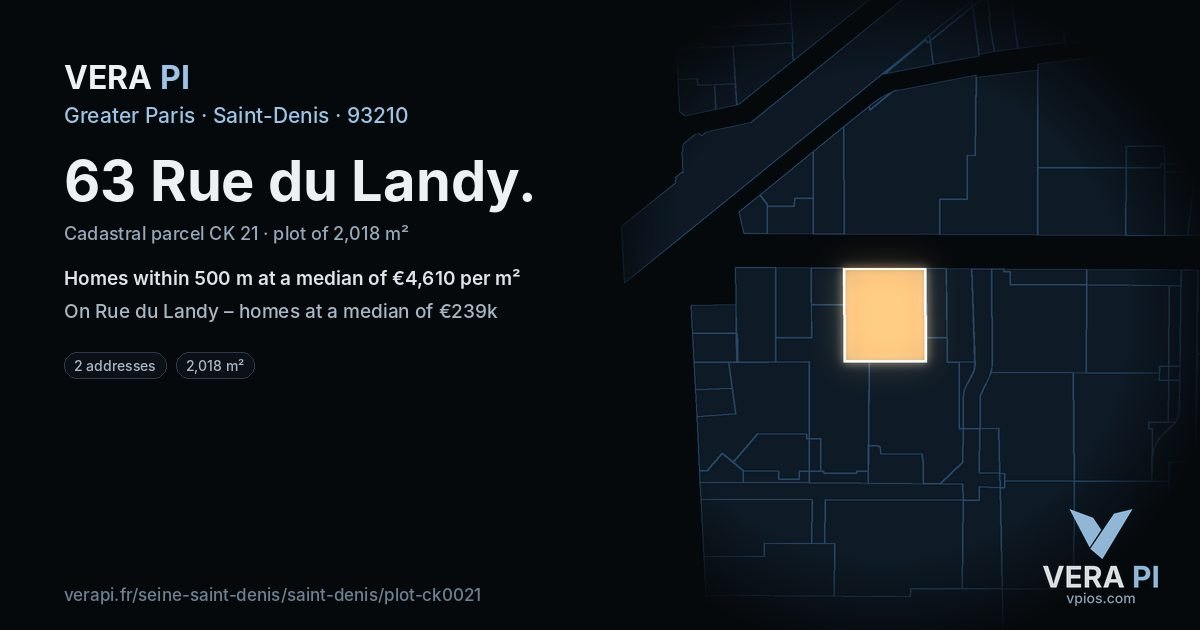 63 Rue du Landy, Saint-Denis at night – the plot lit, the parcels around coloured by the prices near them