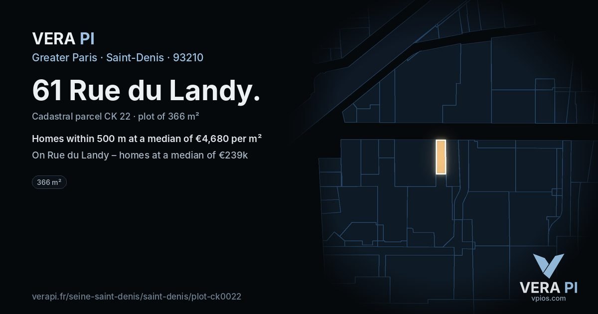 61 Rue du Landy, Saint-Denis at night – the plot lit, the parcels around coloured by the prices near them
