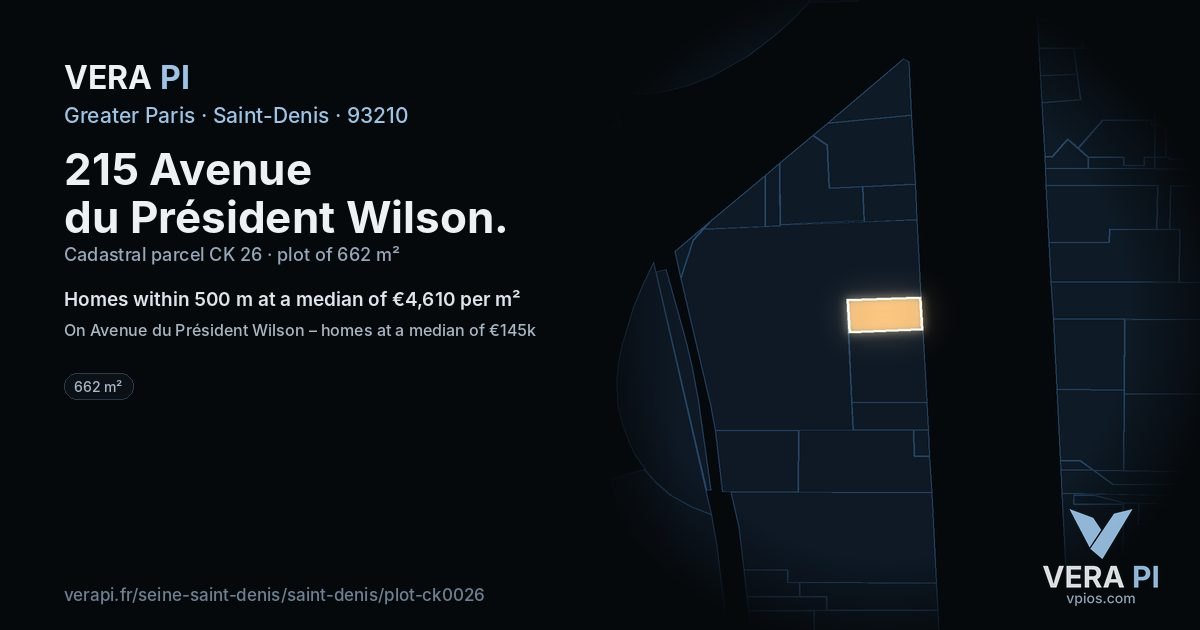 215 Avenue du Président Wilson, Saint-Denis at night – the plot lit, the parcels around coloured by the prices near them