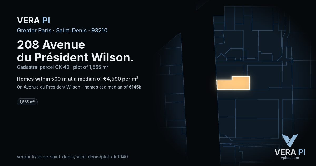 208 Avenue du Président Wilson, Saint-Denis at night – the plot lit, the parcels around coloured by the prices near them