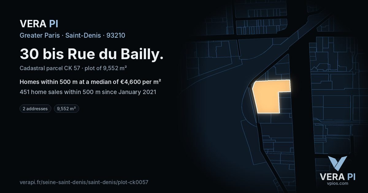 30 bis Rue du Bailly, Saint-Denis at night – the plot lit, the parcels around coloured by the prices near them