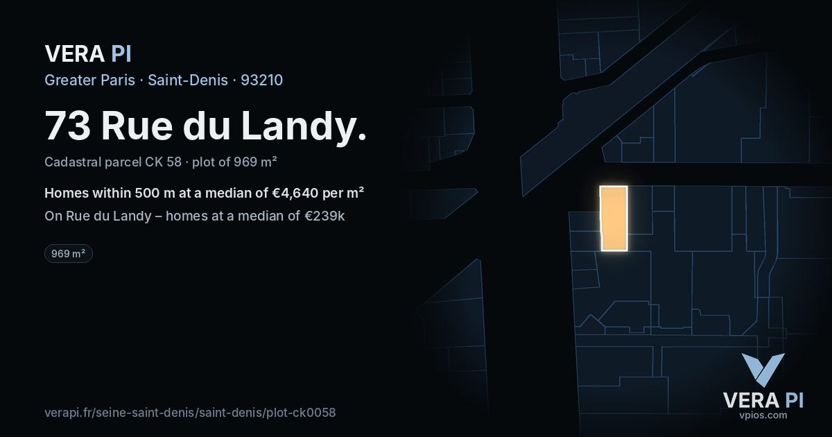 73 Rue du Landy, Saint-Denis at night – the plot lit, the parcels around coloured by the prices near them