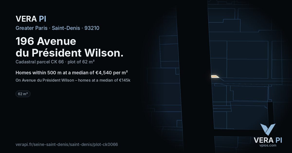 196 Avenue du Président Wilson, Saint-Denis at night – the plot lit, the parcels around coloured by the prices near them