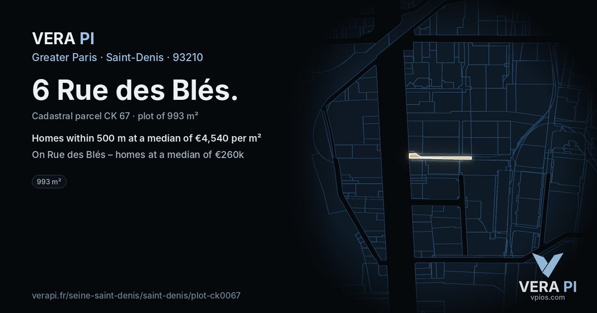 6 Rue des Blés, Saint-Denis at night – the plot lit, the parcels around coloured by the prices near them