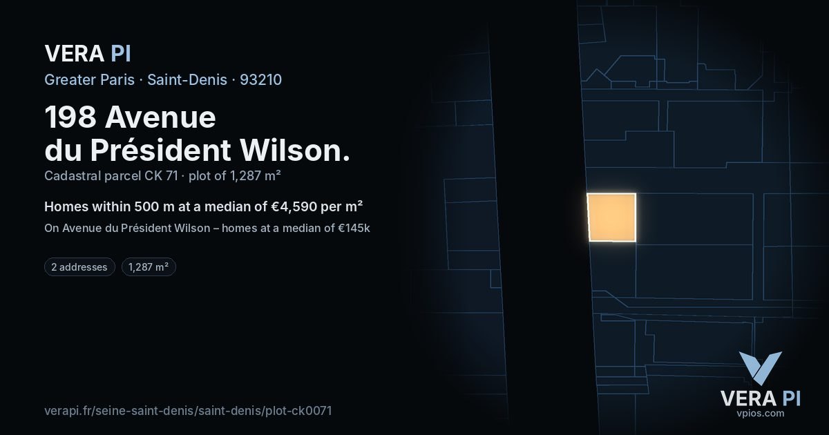 198 Avenue du Président Wilson, Saint-Denis at night – the plot lit, the parcels around coloured by the prices near them