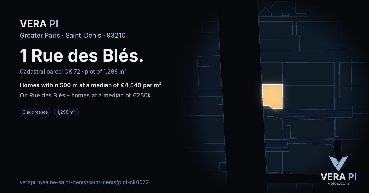 1 Rue des Blés, Saint-Denis at night – the plot lit, the parcels around coloured by the prices near them