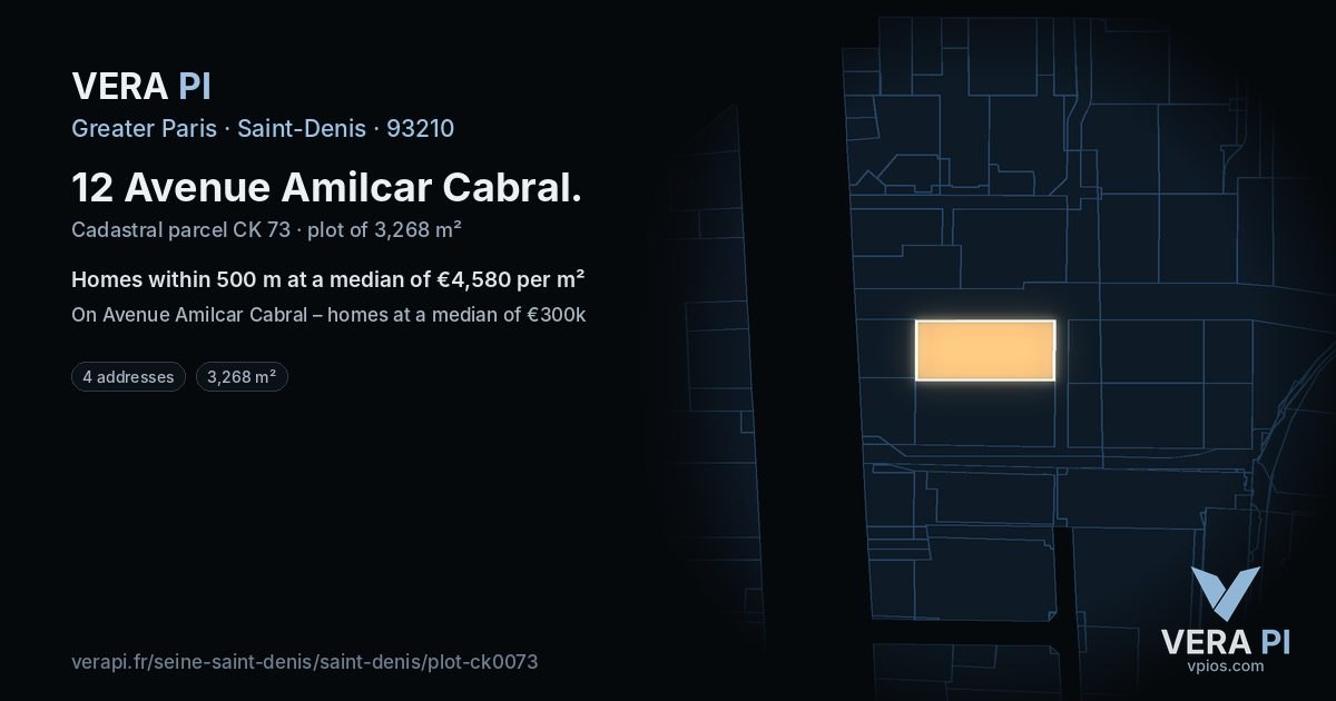 12 Avenue Amilcar Cabral, Saint-Denis at night – the plot lit, the parcels around coloured by the prices near them