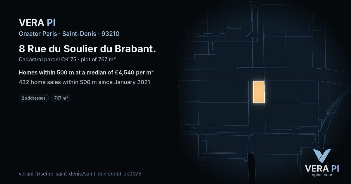 8 Rue du Soulier du Brabant, Saint-Denis at night – the plot lit, the parcels around coloured by the prices near them
