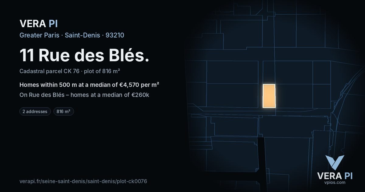 11 Rue des Blés, Saint-Denis at night – the plot lit, the parcels around coloured by the prices near them