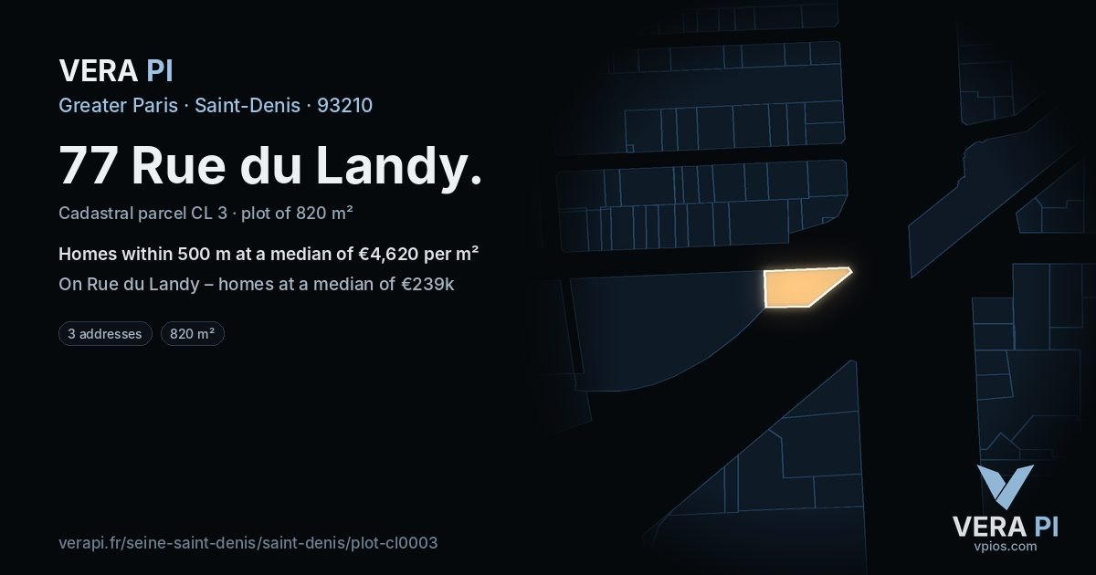 77 Rue du Landy, Saint-Denis at night – the plot lit, the parcels around coloured by the prices near them