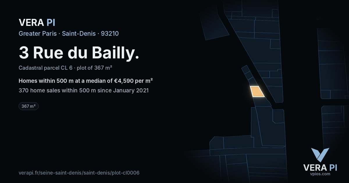 3 Rue du Bailly, Saint-Denis at night – the plot lit, the parcels around coloured by the prices near them