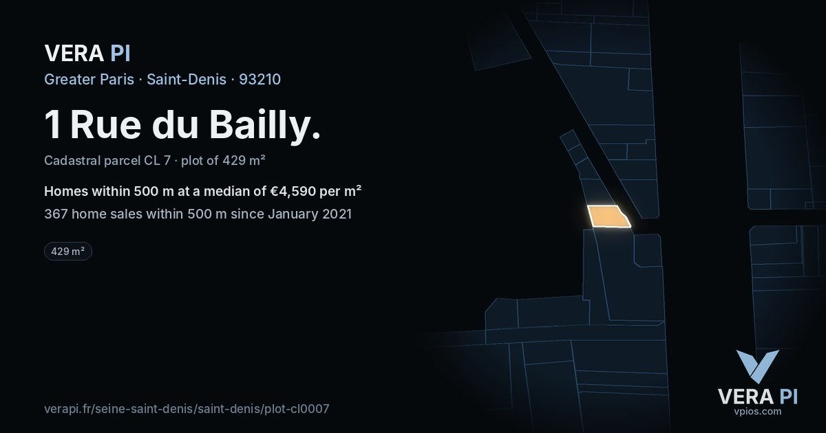 1 Rue du Bailly, Saint-Denis at night – the plot lit, the parcels around coloured by the prices near them