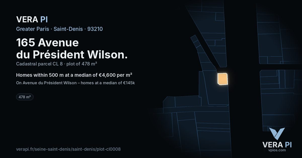 165 Avenue du Président Wilson, Saint-Denis at night – the plot lit, the parcels around coloured by the prices near them