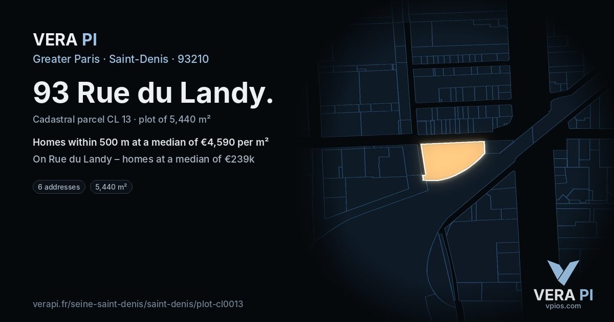 93 Rue du Landy, Saint-Denis at night – the plot lit, the parcels around coloured by the prices near them