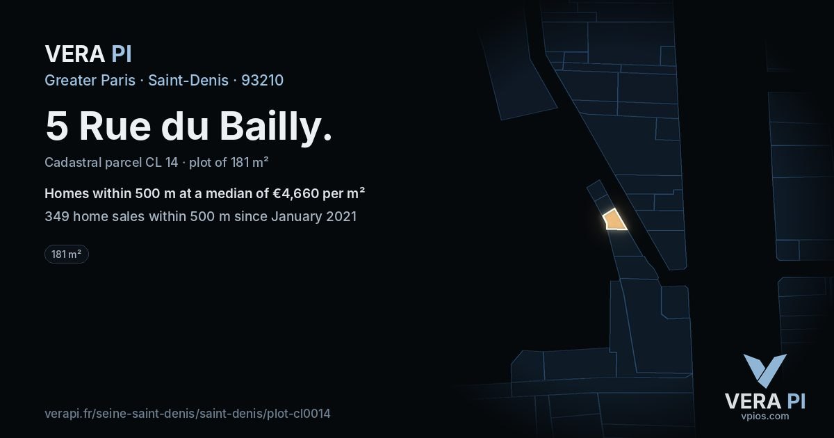 5 Rue du Bailly, Saint-Denis at night – the plot lit, the parcels around coloured by the prices near them