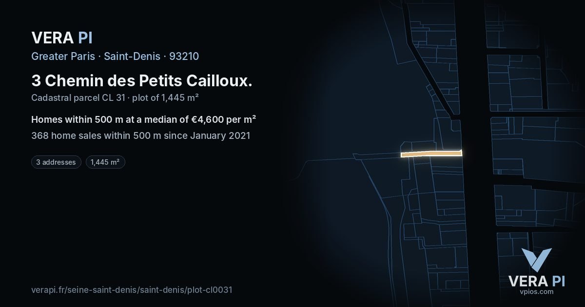 3 Chemin des Petits Cailloux, Saint-Denis at night – the plot lit, the parcels around coloured by the prices near them