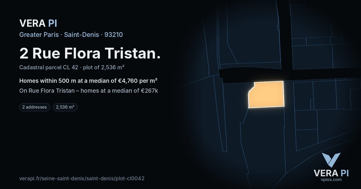 2 Rue Flora Tristan, Saint-Denis at night – the plot lit, the parcels around coloured by the prices near them