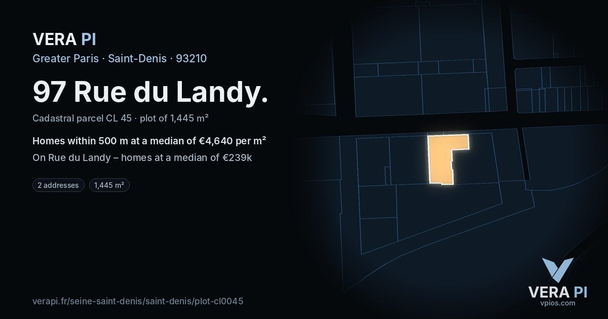 97 Rue du Landy, Saint-Denis at night – the plot lit, the parcels around coloured by the prices near them